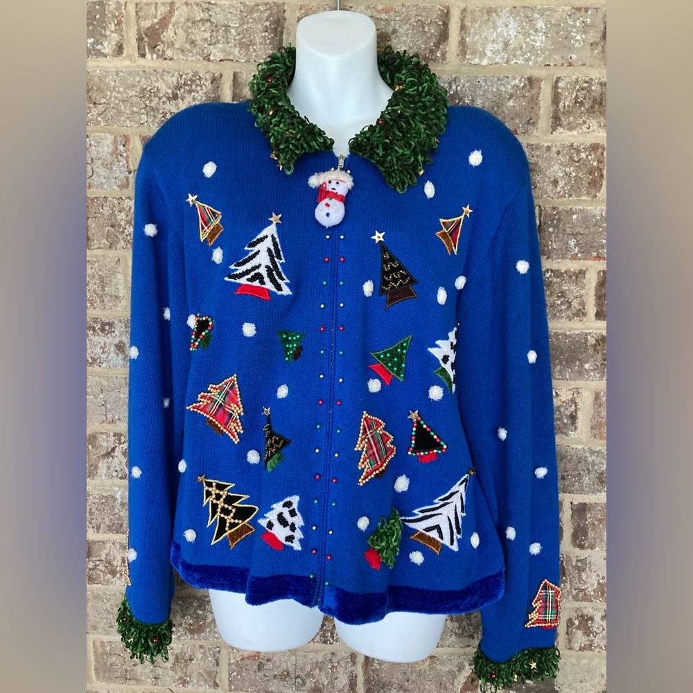 BEREK Christmas Trees 3D Sweater Size XL Full Zip Blue Flaws